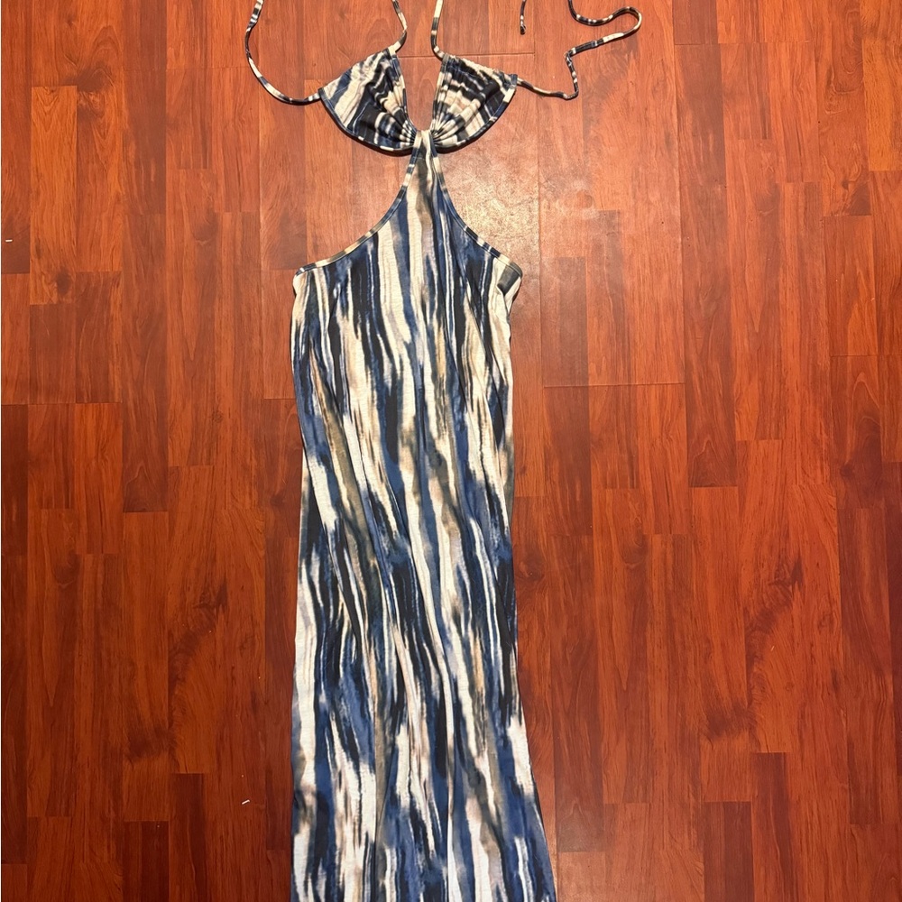 Blue and White Halter Maxi Dress